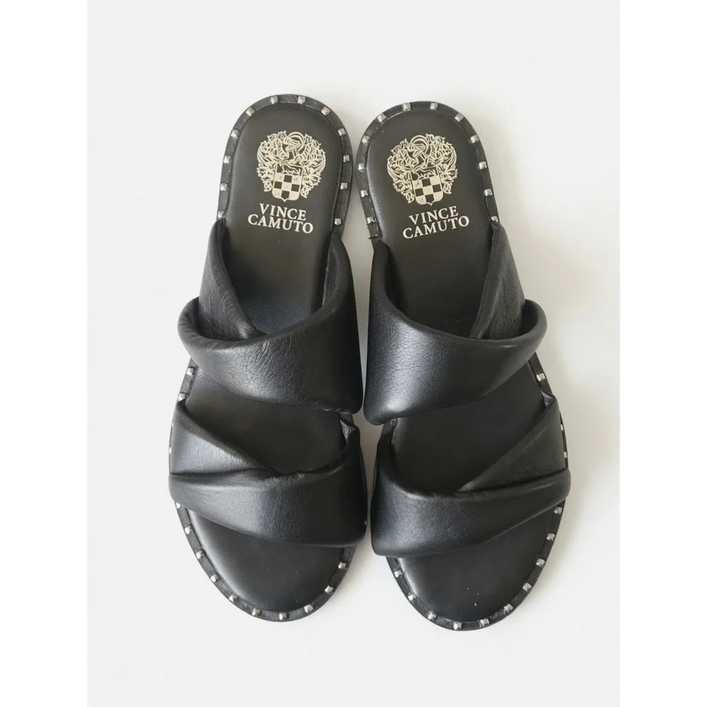 Vince Camuto Women's 6.5 Black Leather Studded Slide Sandals Slip On